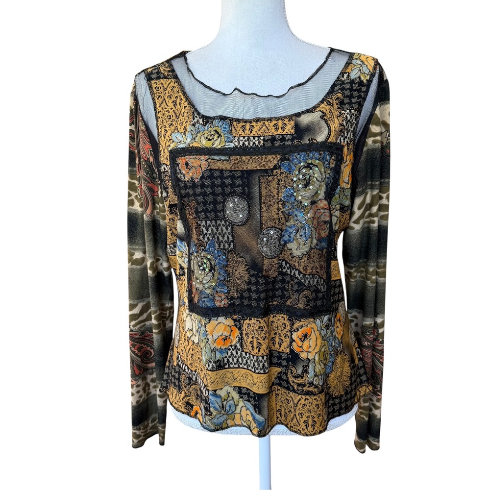 Alberto Makali Mixed Print Mesh Sequin Top XL Floral Leopard Paisley Long Sleeve